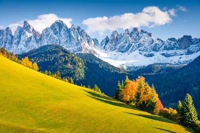 magnificent view of santa magdalena village hills in front of the geisler or odle dolomites group. colorful autumn scene of dolomite alps, italy, europe. beauty of nature concept background.