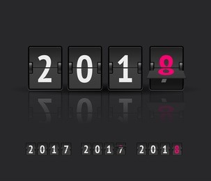 2018 countdown timer vector illustration isolated on dark background. analog scoreboard flip calendar from 2017 to 2018