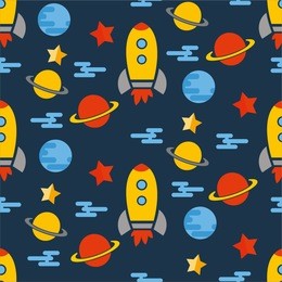 outer space trip planets and space ship seamless vector pattern