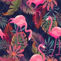 beautiful seamless vector tropical pattern with pink flamingo and palm leaves on dark background. abstract summer texture