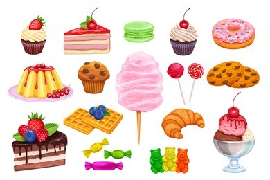 vector set confectionery and sweets icons. dessert, lollipop, ice cream with candies, macaron and pudding. donut and cotton candy, muffin, waffles, biscuits and jelly,