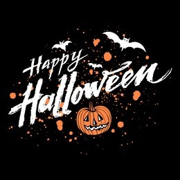 vector happy halloween dark background with orange pumpkin and blood stains, white grungy hand drawn lettering happy halloween and flying bats. elegant greeting card or party flyer cover. eps 10