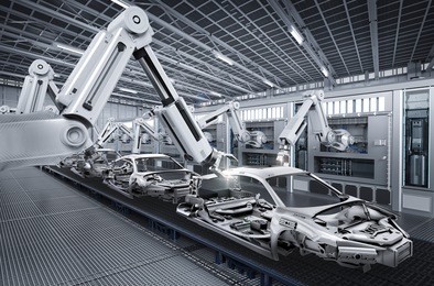 3d rendering robot assembly line in car factory