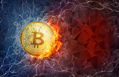golden bitcoin coin flying in fire flame, water splashes and lightning. bitcoin cash hard fork concept. cryptocurrency bitcoin symbol in storm illustration with polygon background.