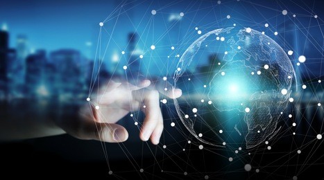 businessman on blurred background using flying earth network interface 3d rendering