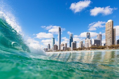 view from the water of surfers paradise on the gold coast, australia