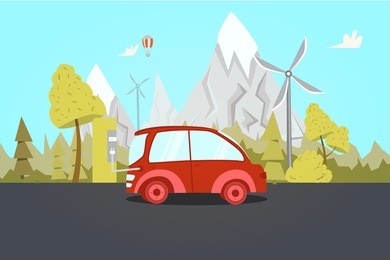 electric car on charging station with nature on background. clean energy concept. flat vector illustration