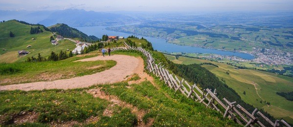 panoramic landscape view of lake lucerne and mountain ranges from rigi kulm viewpoint, lucerne, switzerland, europe.