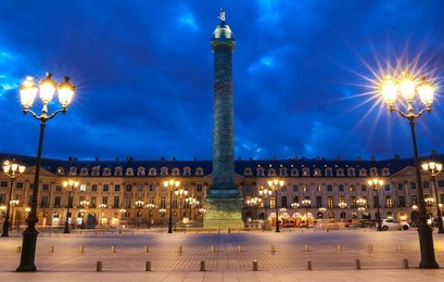 the vendome column , the place vendome at night, paris, france.