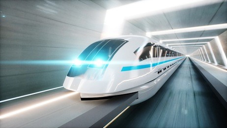 futuristic modern train, monorail fast driving in sci fi tunnel, coridor. concept of future. 3d rendering.