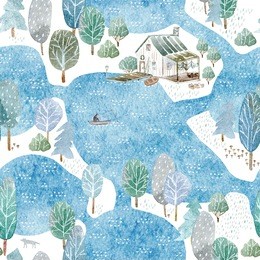 seamless pattern of a fisherman's house,island and garden.landscape of a forest, lake, bridge and lake.watercolor hand drawn illustration.blue background.