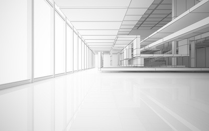 abstract drawing white interior multilevel public space with window. 3d illustration and rendering.