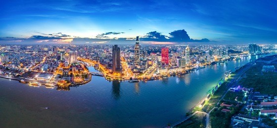 royalty high quality free stock image aerial view of ho chi minh city, vietnam. beauty skyscrapers along river light smooth down urban development in ho chi minh city, vietnam. 