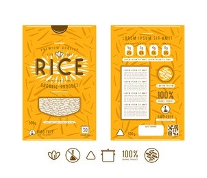 template label and icons for rice packaging. design with illustration in linocut style 