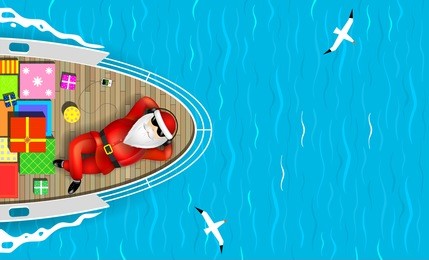 santa claus is swimming on a yacht lying on the deck with a bunch of gift boxes. sea waves and seagulls around. vector graphics.