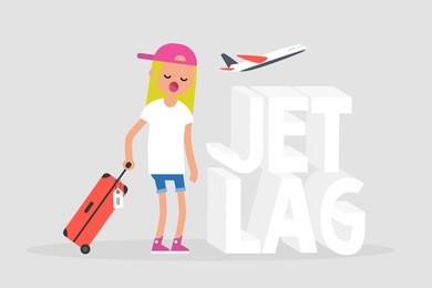 jet lag conceptual illustration. young exhausted character yawning at the airport after the flight / flat editable vector illustration, clip art