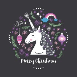 christmas card, poster, unicorn with snowly mane