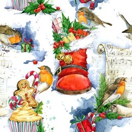 robin bird seamless pattern. watercolor christmas holiday illustration. vintage winter background.