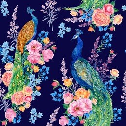 seamless pattern with peacocks and flowers on blue background