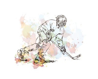 watercolor sketch of ice hockey player in vector illustration.