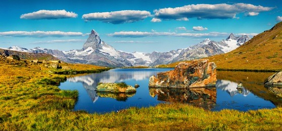 colorful summer panorama of the stellisee lake. great outdoor scene with matterhorn (monte cervino, mont cervin) in swiss alps, zermatt location, valais canton, switzerland, europe.