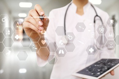 medicine technology and healthcare  concept. medical doctor working with modern pc. icons on virtual screen.