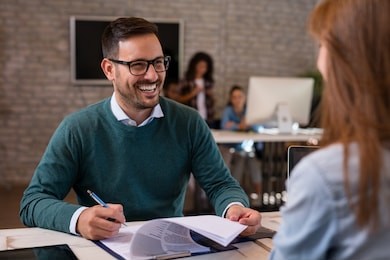 job interview, businessman listen to candidate answers.