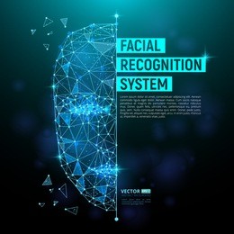 biometric identification or facial recognition system concept. vector illustration of human face consisting of polygons, points and lines with place for your text isolated on dark blue background