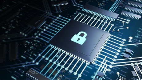 3d render of a cpu on a motherboard with strong lighting and high contrast. locked cpu symbol representing cyber security and data protection. internet security concept.