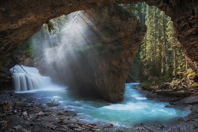 johnston canyon waterfall banff national park sunrise cave scene alberta canada