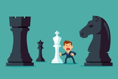 businessman with white king chess piece get surrounded by black chess pieces. business plan and strategy concept.