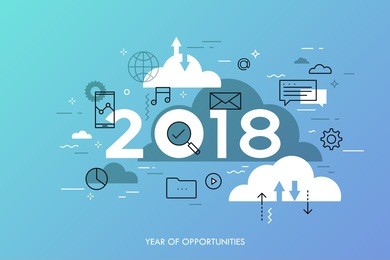 infographic concept, 2018 - year of opportunities. hot trends, prospects in cloud computing services and technologies, big data storage, communication. vector illustration in thin line style.