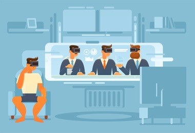 the use of a virtual reality device in everyday life. the work of the future, using virtual reality glasses, can be done in a virtual office
