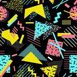 vector seamless pattern with multicolor geometric shapes on dark background. retro vintage abstract art print. fashion 80s-90s. memphis style design. wallpaper, cloth design, fabric, textile template