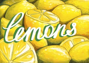 a hand-drawn digital picture with lots of lemons and some retro lettering