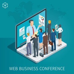 web conference banner. man on the notebook holds a webinar. people listen to the lecturer. isometric concept. highly detailed illustration