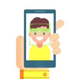 face recognition and mobile identification.  youngman unlocking her smartphone, or app. vector flat illustration