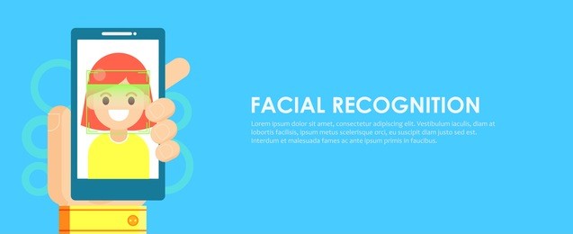 face recognition and mobile identification.  young woman unlocking her smartphone, or app. vector flat illustration