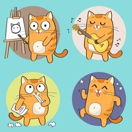 cartoon cat character. creative hobbies set. vector illustration