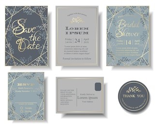 set of wedding invitation card . blue and gray color tone. many leaves round of frame has blank space for your text. rsvp card for response. envelope for this theme.stickers.tags.vector/illustration
