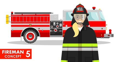 fireman concept. detailed illustration of woman firefighter and fire truck in flat style on white background. vector illustration.