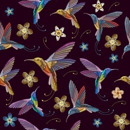 humming bird and flowers embroidery seamless pattern. beautiful hummingbirds and exotic flowers embroidery on black background. template for clothes, textiles, t-shirt design