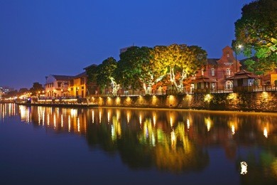 elegant beautiful riverside views at dusk in malacca, the unesco world heritage site, malaysia