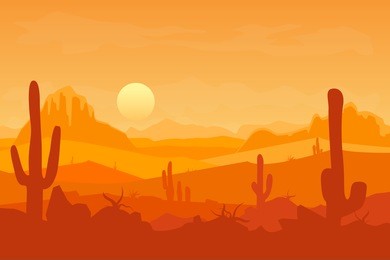 cartoon desert with silhouettes cactus and mountain travel africa landscape flat style design. vector illustration