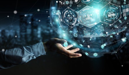 businessman on blurred background using digital medical sphere 3d rendering