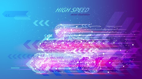 high speed concept. sport motorbike in the form of a starry sky or space, consisting of points, lines, and shapes in the form of planets, stars and the universe. sport vector wireframe concept