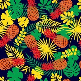 seamless pattern with hand drawn pineapples and tropical leaves on dark blue background, exotic fruit. vector illustration is perfect for fabric, textile, wrapping paper and other decoration design.