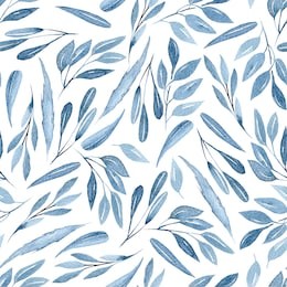 seamless floral pattern with watercolor blue branches with leaves, hand drawn isolated on a white background