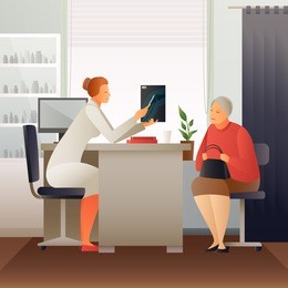 elderly woman on appointment at young therapist with x-ray of leg flat composition vector illustration