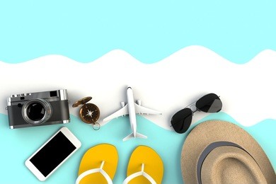 top view of traveler's accessories on blue table background, essential vacation items, travel concept, 3d rendering